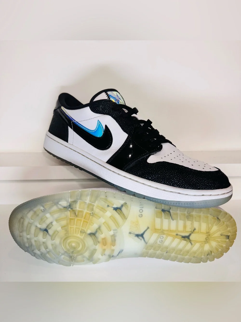 Jordan 1 Low Golf Endless Pursuit M12 Stingray Patent + Iridescent Clear Outsole